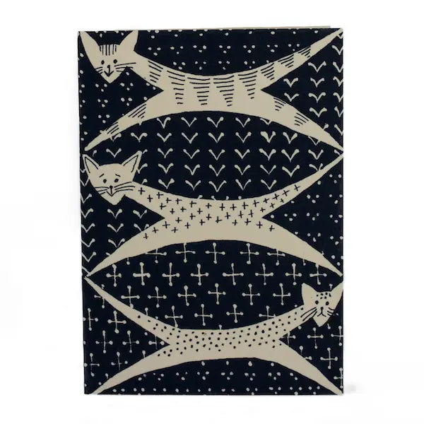 black and white block print greeting card with cats