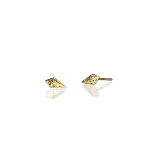 Tiny kite shaped gold earrings with white diamonds