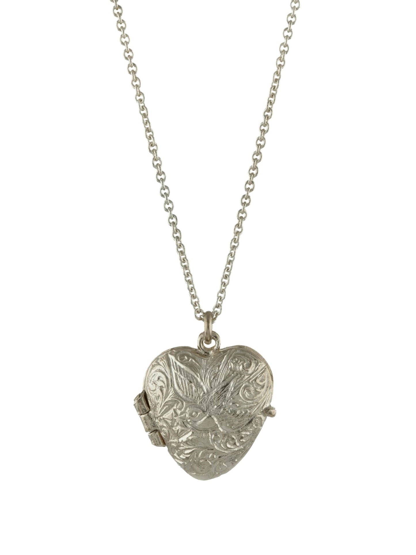 Silver heart-shaped locket on a chain against a white background