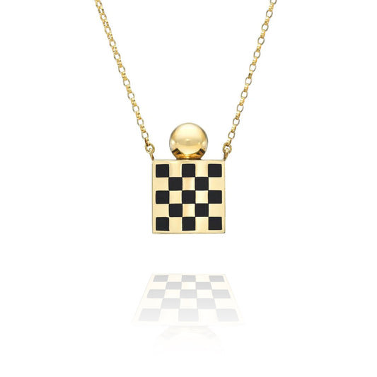 Necklace with a checkered pendant on a white background