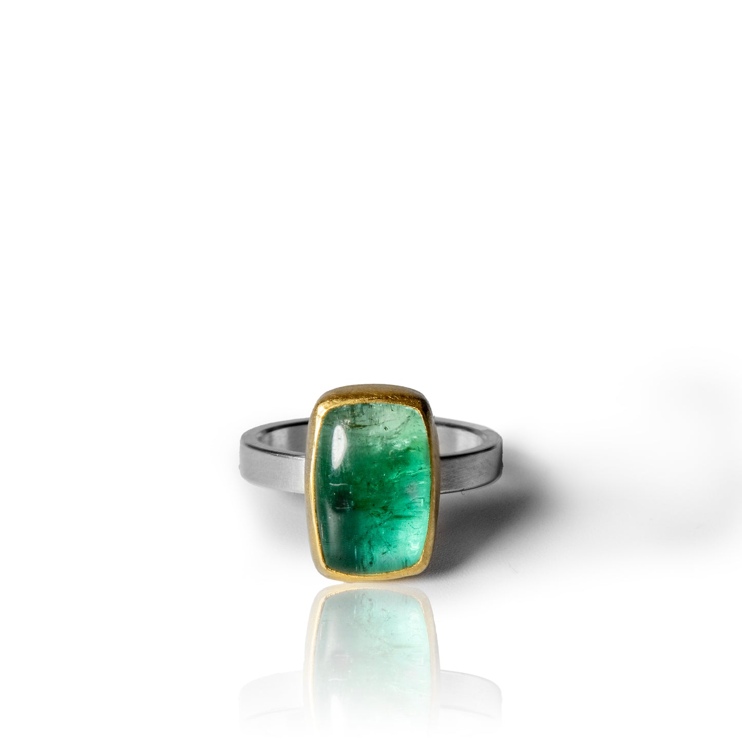 Green and White Tourmaline Cushion Cut Cabochon Ring