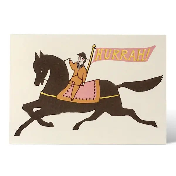 Illustrated greeting card with person riding black horse carrying Hurrah flag