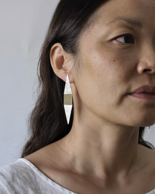 Side view headshot of woman with long brown hair wearing a silver and brass chain earing