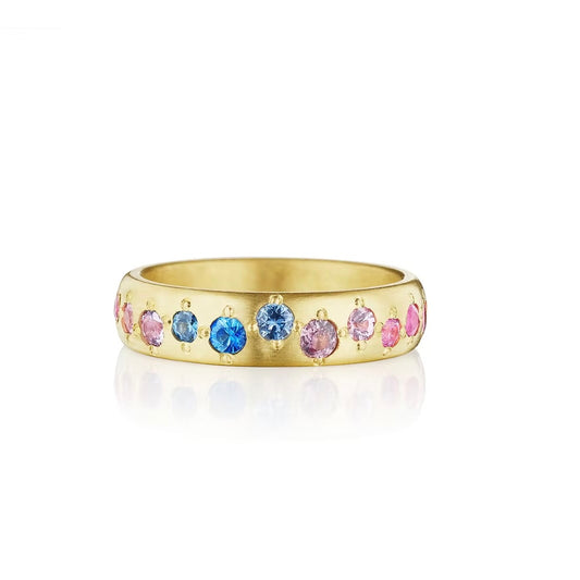 %mm gold ring band set with blue and pink sapphires all the way around