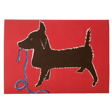 block print style illustrated greeting card of black dog holding a blue ribbon in his mouth on a red background