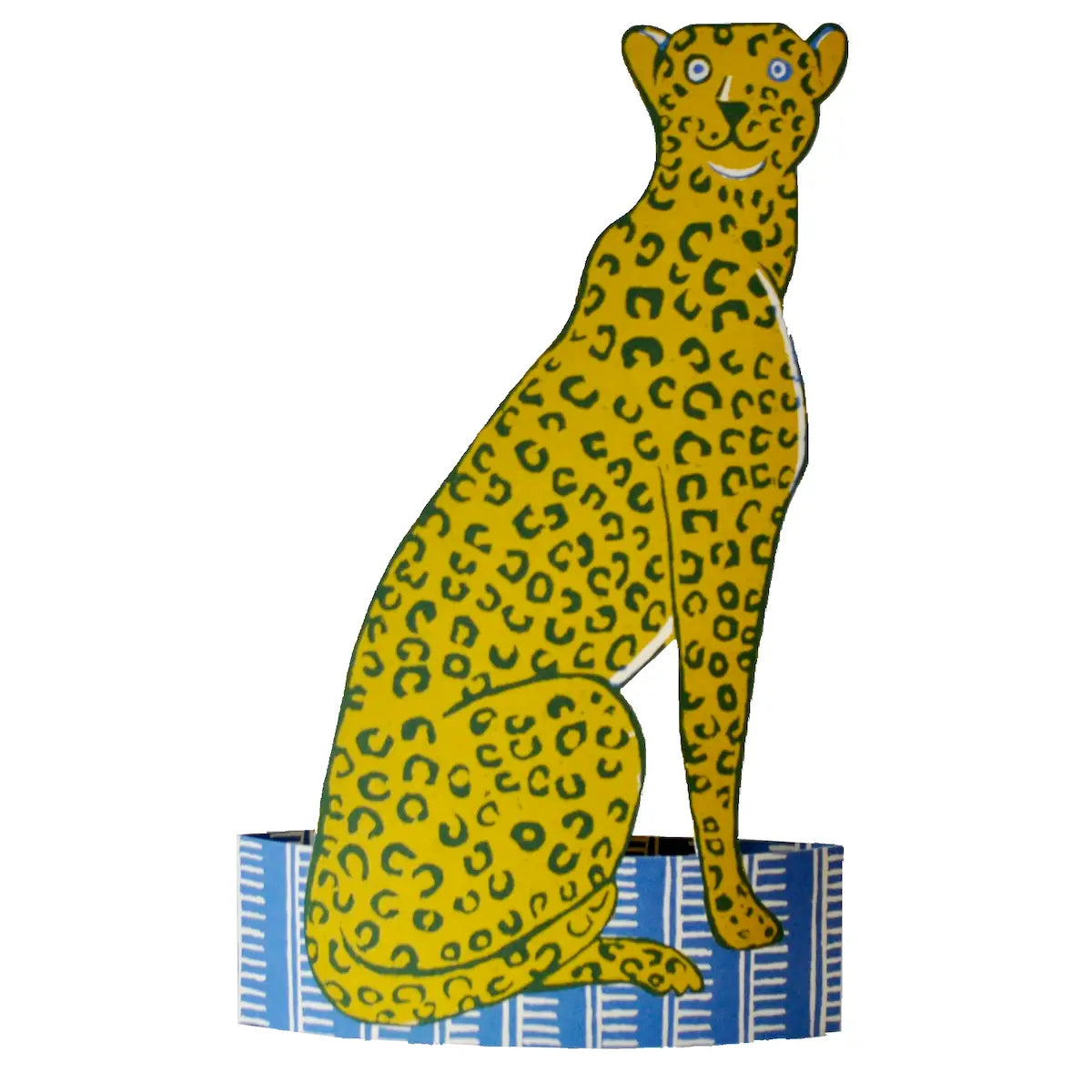 A stylized seated leopard figure in bright yellow with dark green spots, standing on a blue-and-white patterned base against a plain white background.
