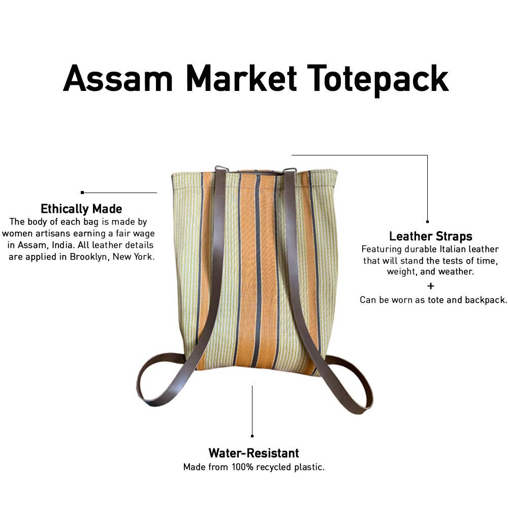 Picture of yellow striped tote bag against a white background. With text that reads - Assam Market Totepack. Ethically made. The body of each bag artisans earn a fair wage  in Assam India. all leather details are applied in Brooklyn. Water resistant- made from 100% recycled plastic. Leather straps Featuring durable intailian leather that will stand the test of time weight and weather. Can be worn as tote or backpack