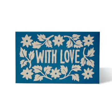 Small with love greeting card in block print style in blue and white