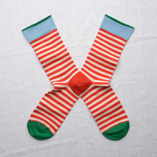 Pair of striped socks with red and white stripes on a light gray background