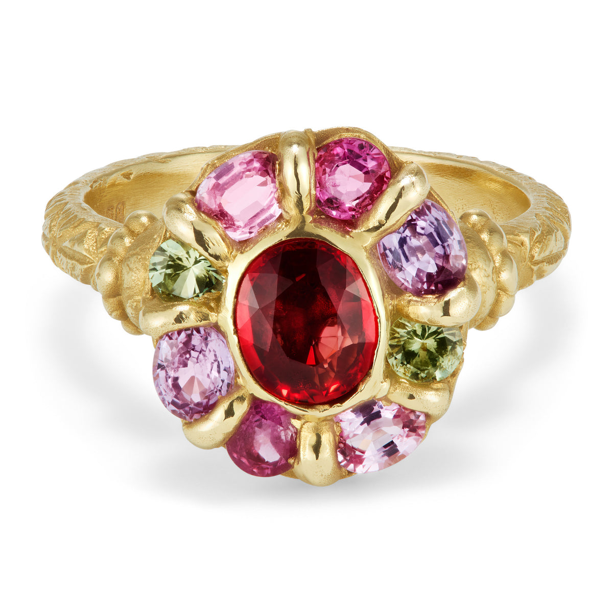 A red sapphire sits in the center of a yellow ring, surrounded by a circle of colored sapphires.