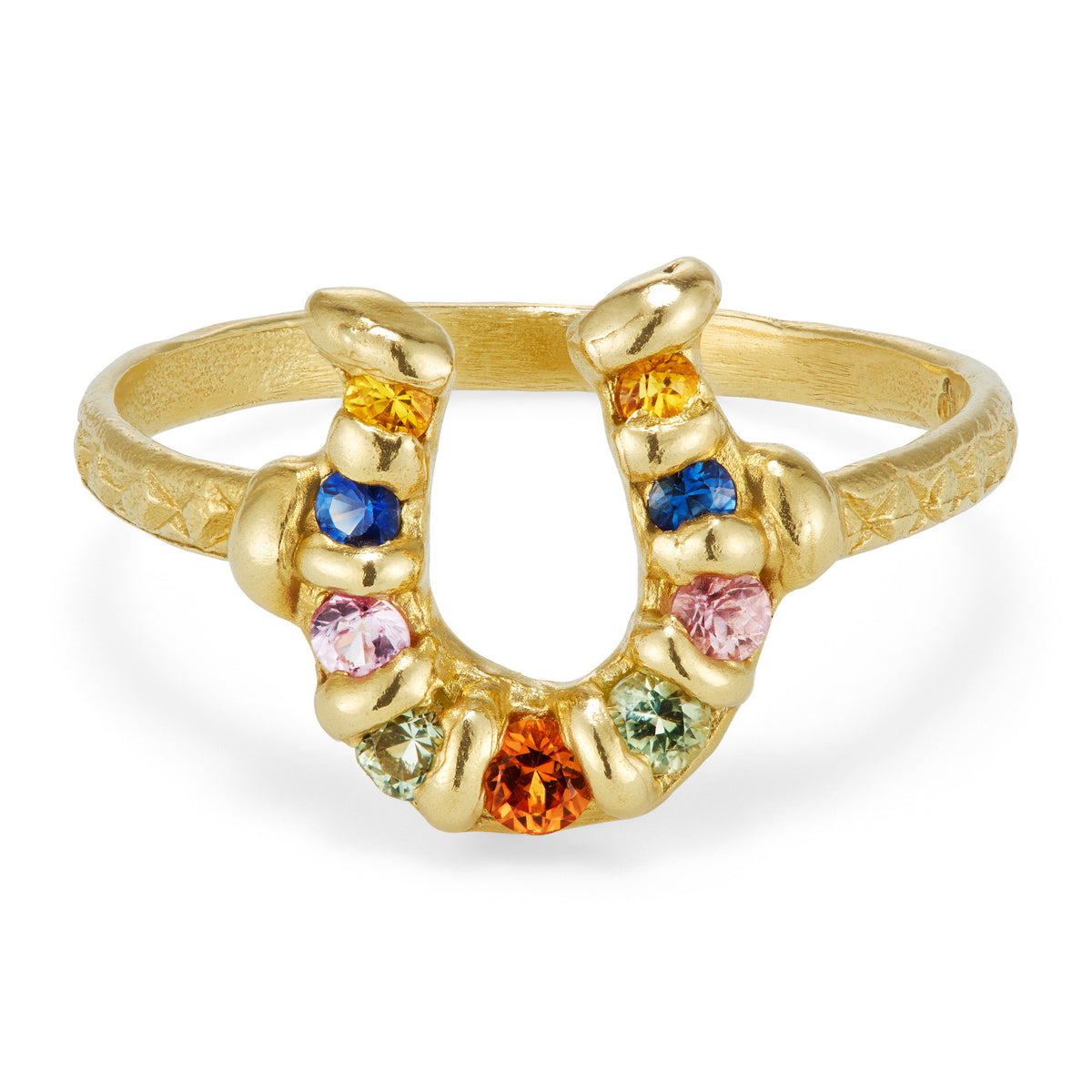 A yellow gold ring with a horseshoe embellished with colored sapphires.