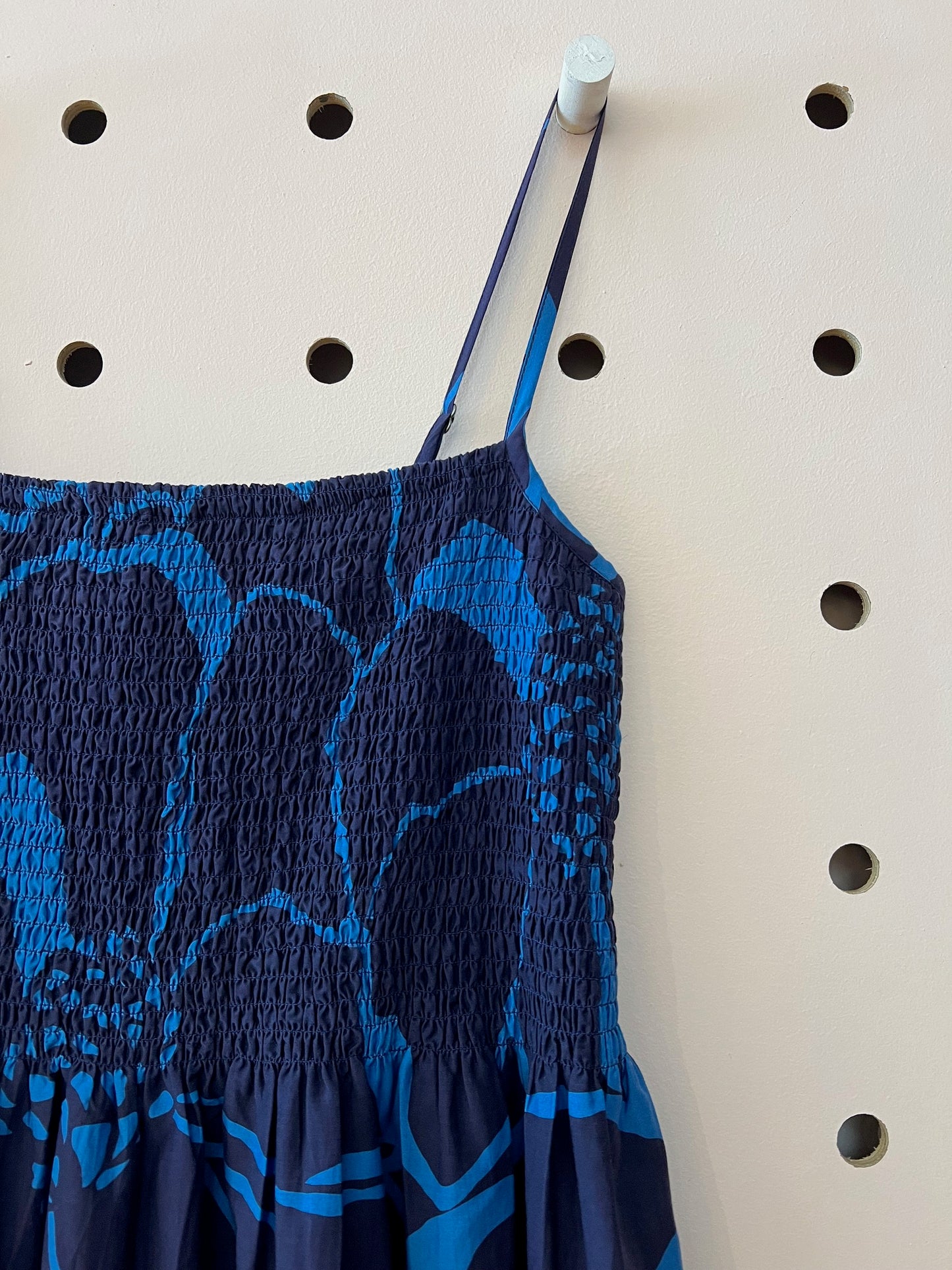 Detail of smocking on blue strappy sundress