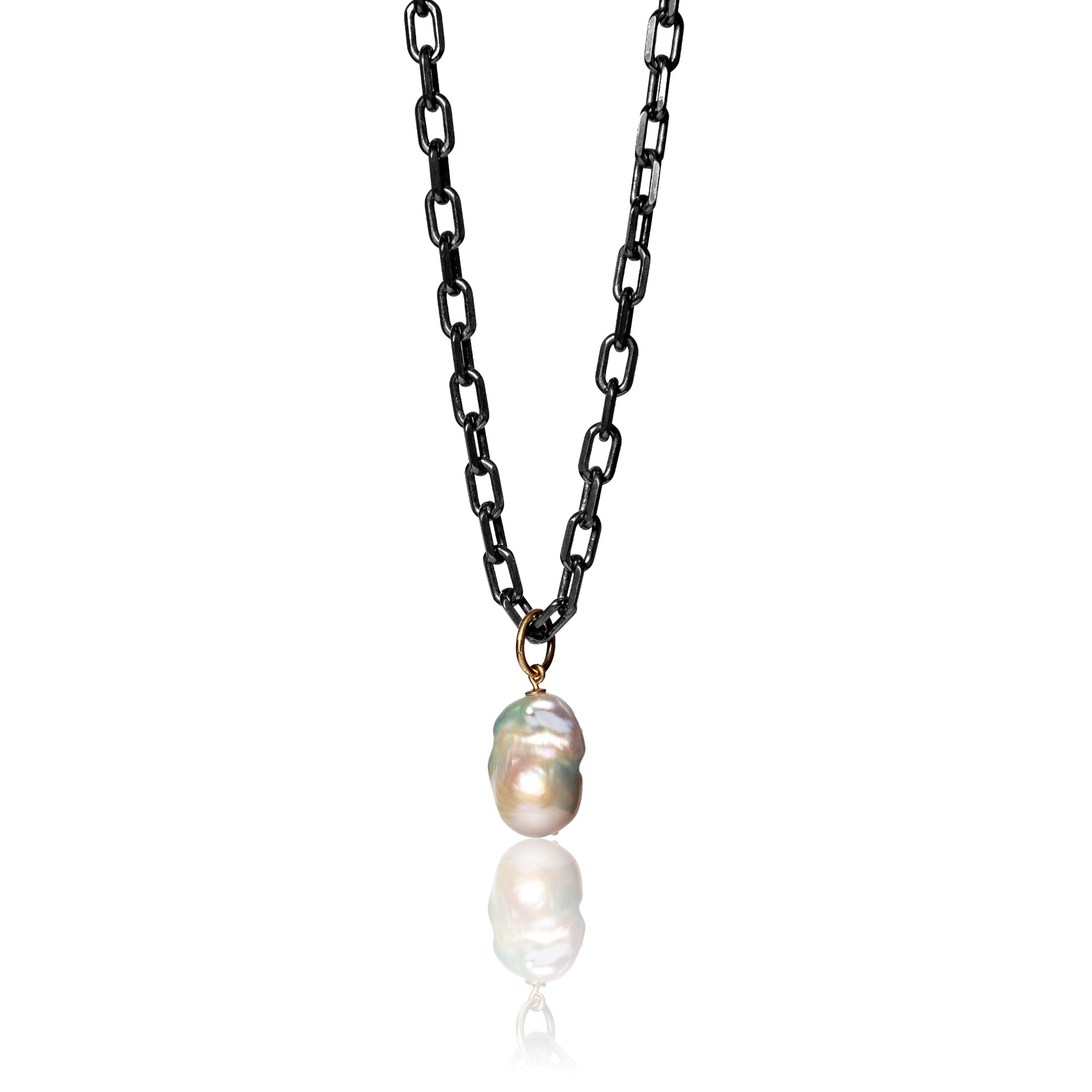 white fireball pearl with gold bail on chunky oxidized sterling silver chain