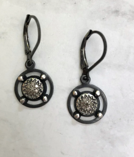 Geometric Sterling Silver with 14k Gold Accent and Pave Diamond Leverback Earrings