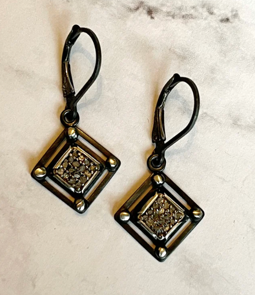 Geometric Sterling Silver and Pave Diamond Leverback Earrings