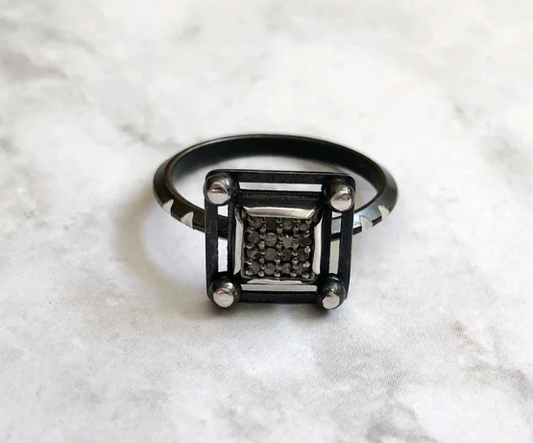 Oxidized Geometric Square Ring with Knife Edge Band