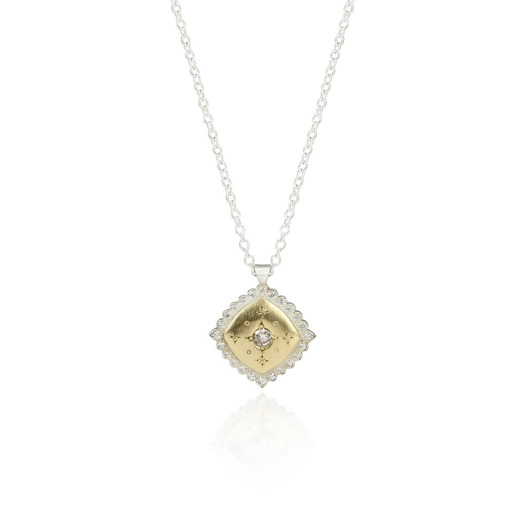 Recycled 18k Yellow Gold,Sterling Silver, Satin Finish
25 Handset Natural Precious Gemstones
16-18" Adjustable Sterling Silver Chain