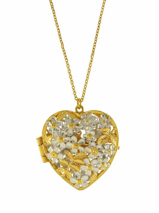 Gold heart-shaped necklace with floral design on a white background