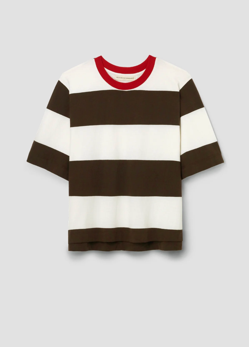 Brown and white striped shirt on a light gray background