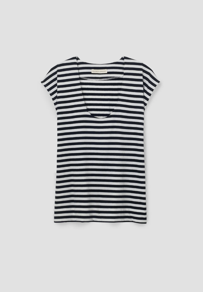 Black and white striped t-shirt on a light gray background