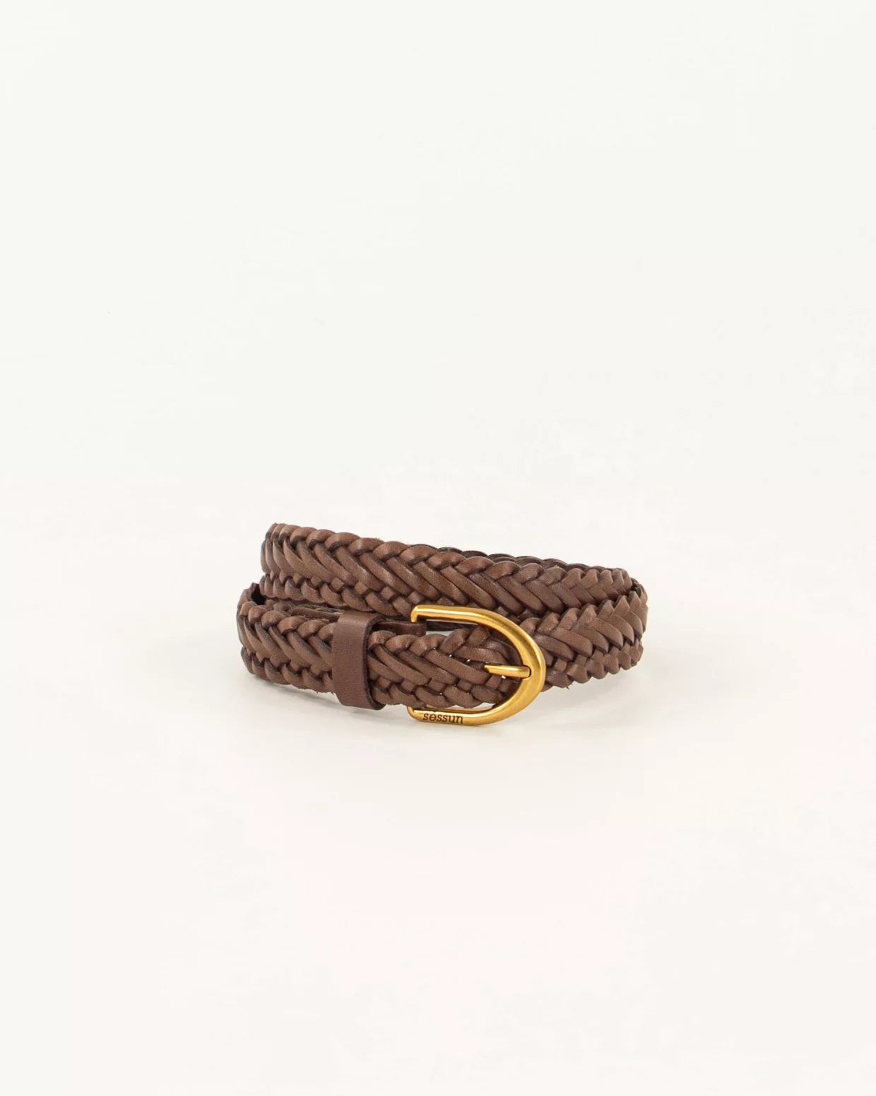 Brown braided belt with a gold buckle on a white background