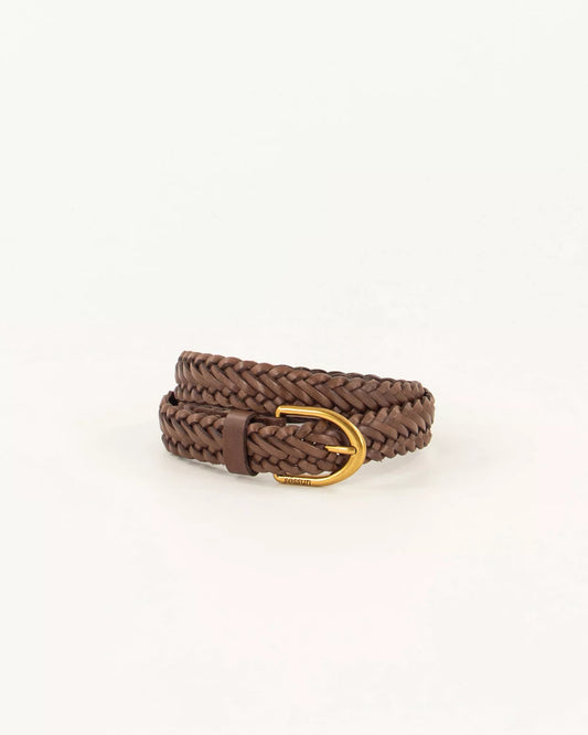 Brown braided belt with a gold buckle on a white background