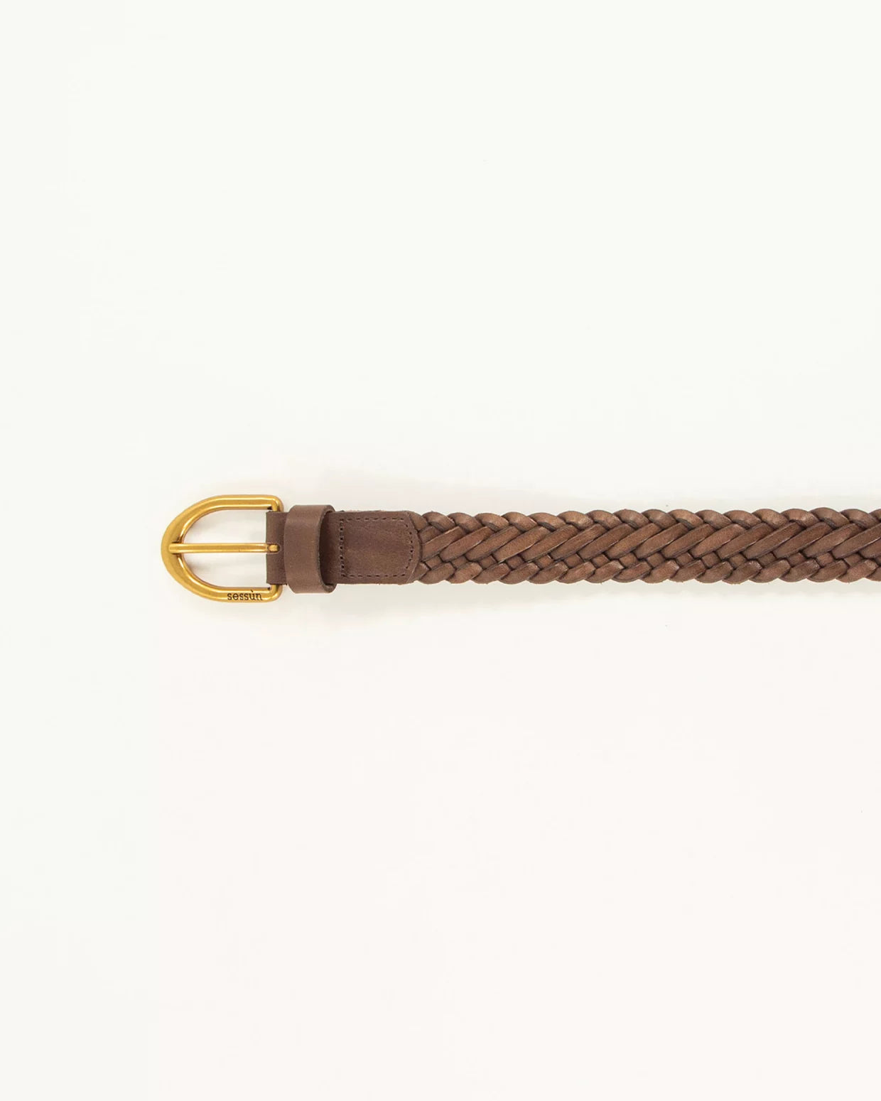 Brown braided belt with a gold buckle on a white background