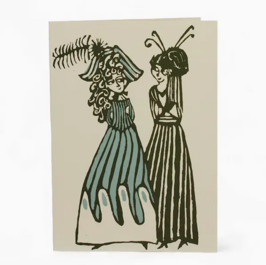 Greeting card with printed image of two ladies in hats