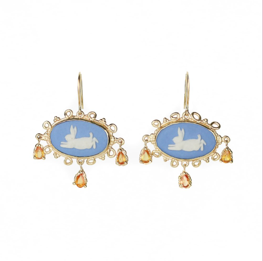 Wedgewood bunny motif earrings in 9ct yellow gold with orange sapphires