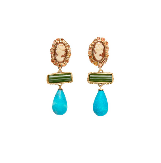 Antique shell cameo earrings with jade and turquoise drops.