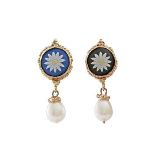 Mismatched daisy cameo gold earrings with white pearls