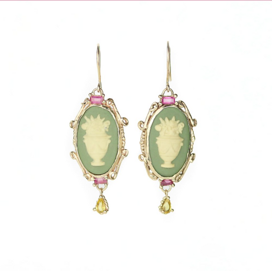 Gold dangle earrings with antique Wedgewood cameos and pink sapphires