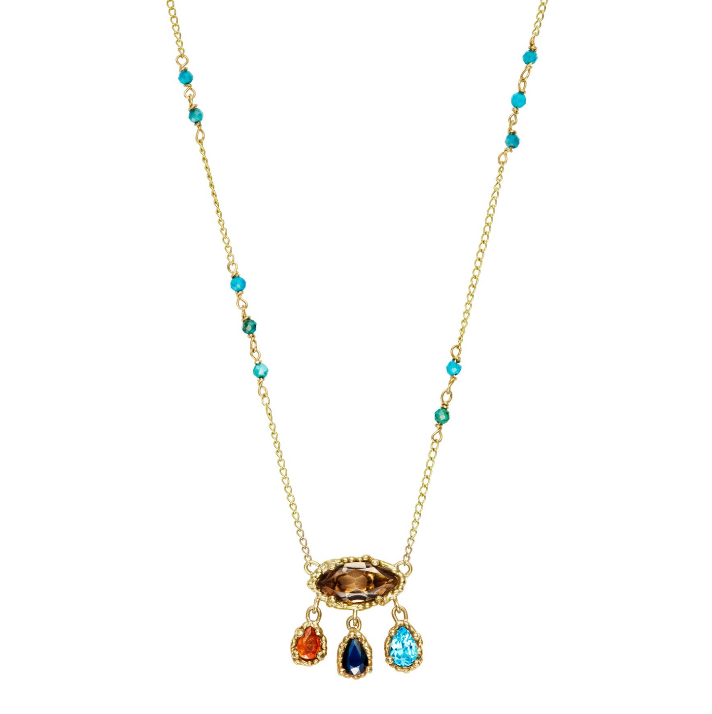 Topaz necklace in 9ct yellow gold with blue and orange sapphires