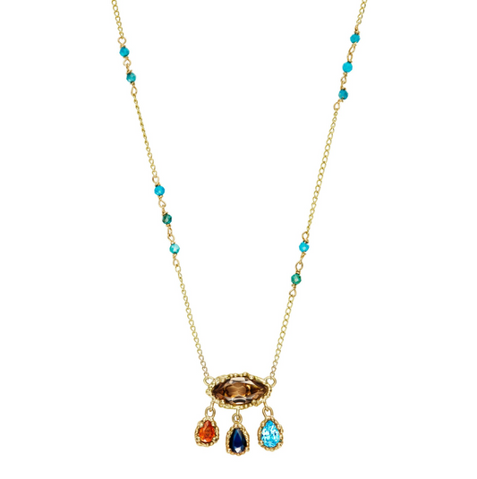 Topaz necklace in 9ct yellow gold with blue and orange sapphires