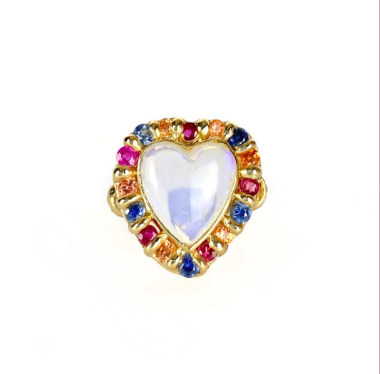 Gold ring with heart shaped opal surrounded by blue and orange sapphires and rubies