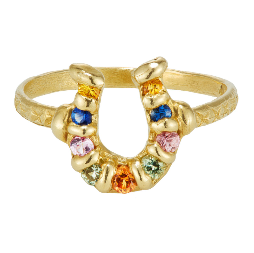 Horseshoe shaped gold ring set with multicolored sapphires