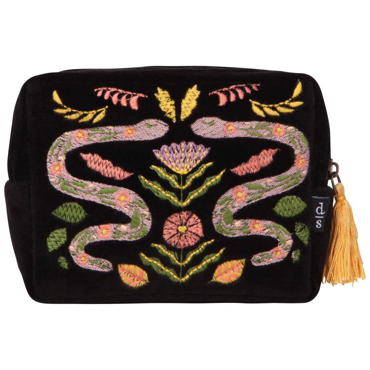 A black velvet travel pouch with a zipper and tassel closure and an embroidered floral design with snakes.