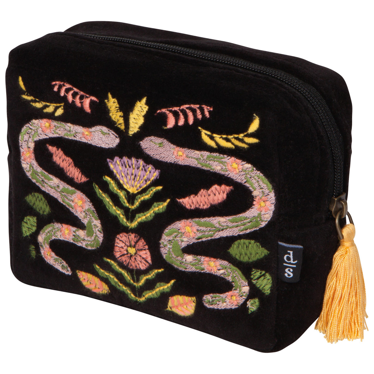 A black velvet travel pouch with a zipper and tassel closure and an embroidered floral design with snakes.