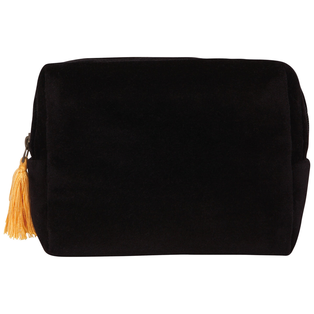 A black velvet travel pouch with a zipper and tassel closure.