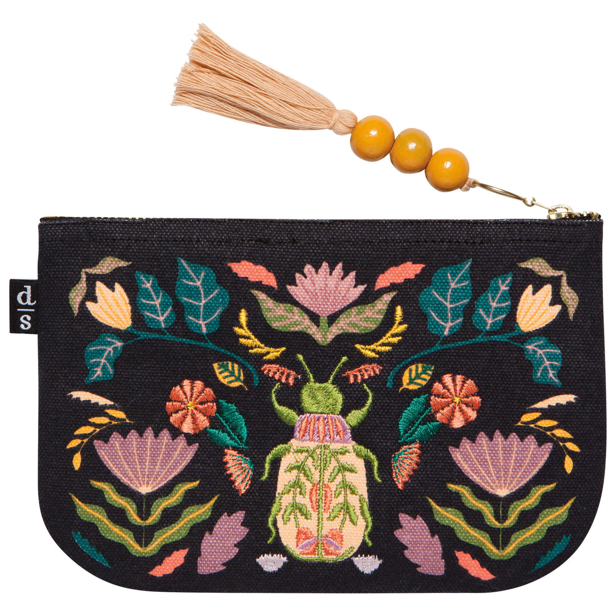 A dark cotton travel pouch with a zipper and tassel closure and an embroidered floral design with a scarab beetle.