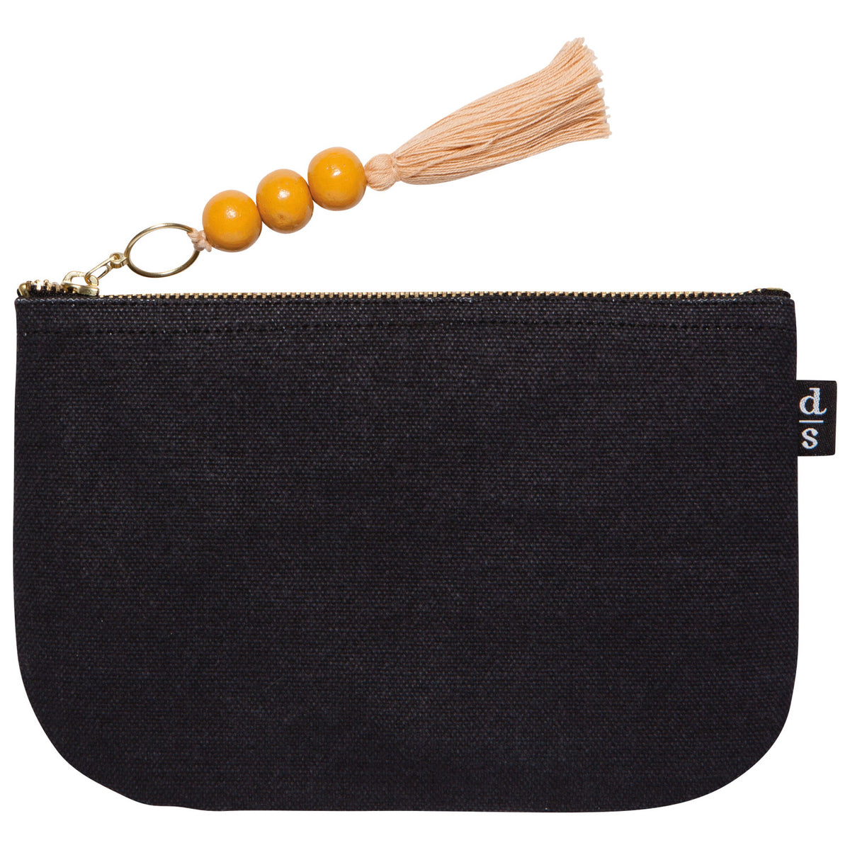 A dark cotton travel pouch with a zipper and tassel closure.