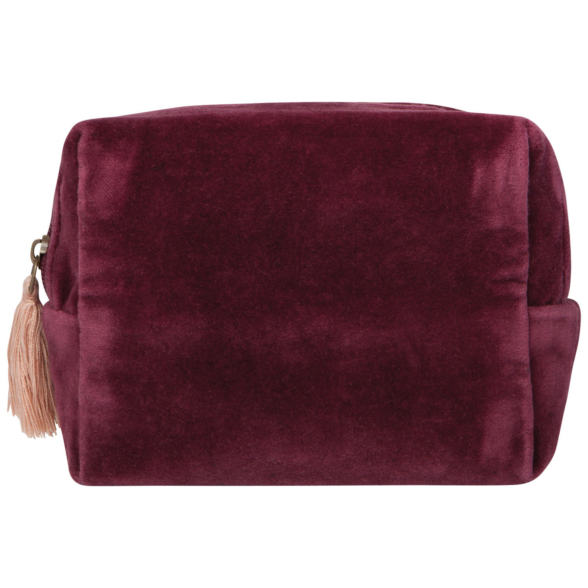 A plum-colored velvet travel pouch with a zipper and tassel closure.