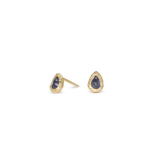 18k Gold Teardrop Stud Earrings with Blue Sapphires
