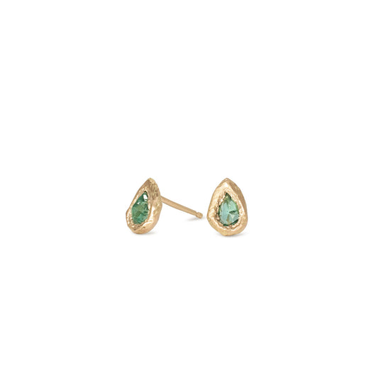 18k Gold Teardrop Stud Earrings with Emerald