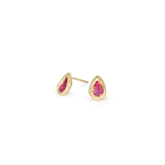 18k Gold Teardrop Stud Earrings with Ruby