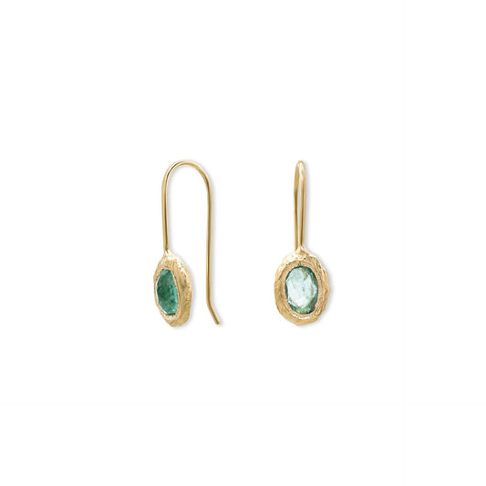 18k Gold Oval Fixed Hook Earrings with Emeralds