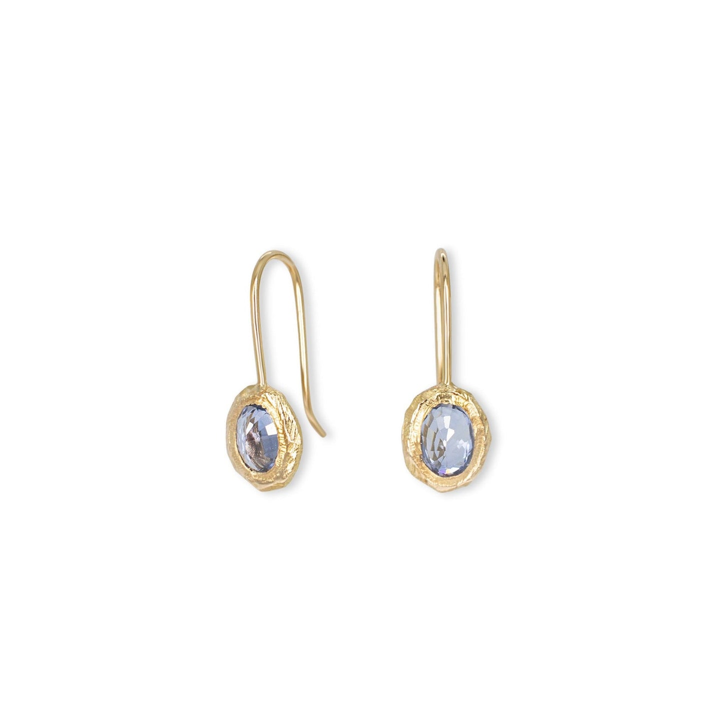 18k Gold Oval Fixed Hook Earrings with Light Blue Sapphires
