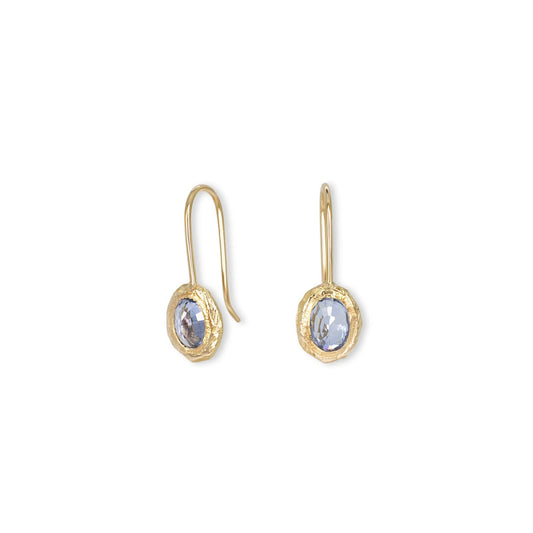 18k Gold Oval Fixed Hook Earrings with Light Blue Sapphires