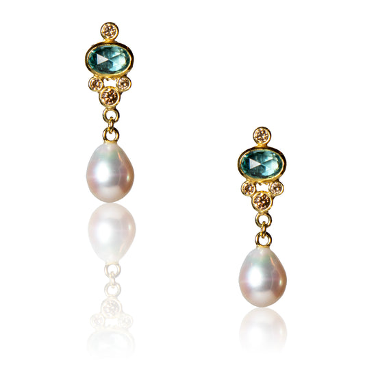 Drop earrings with bue zircon, diamonds and pearls set in gold