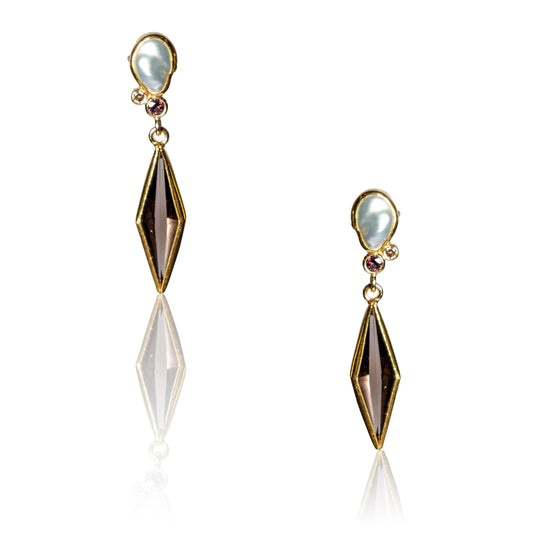 Drop earrings with pearl, smokey quartz and diamonds